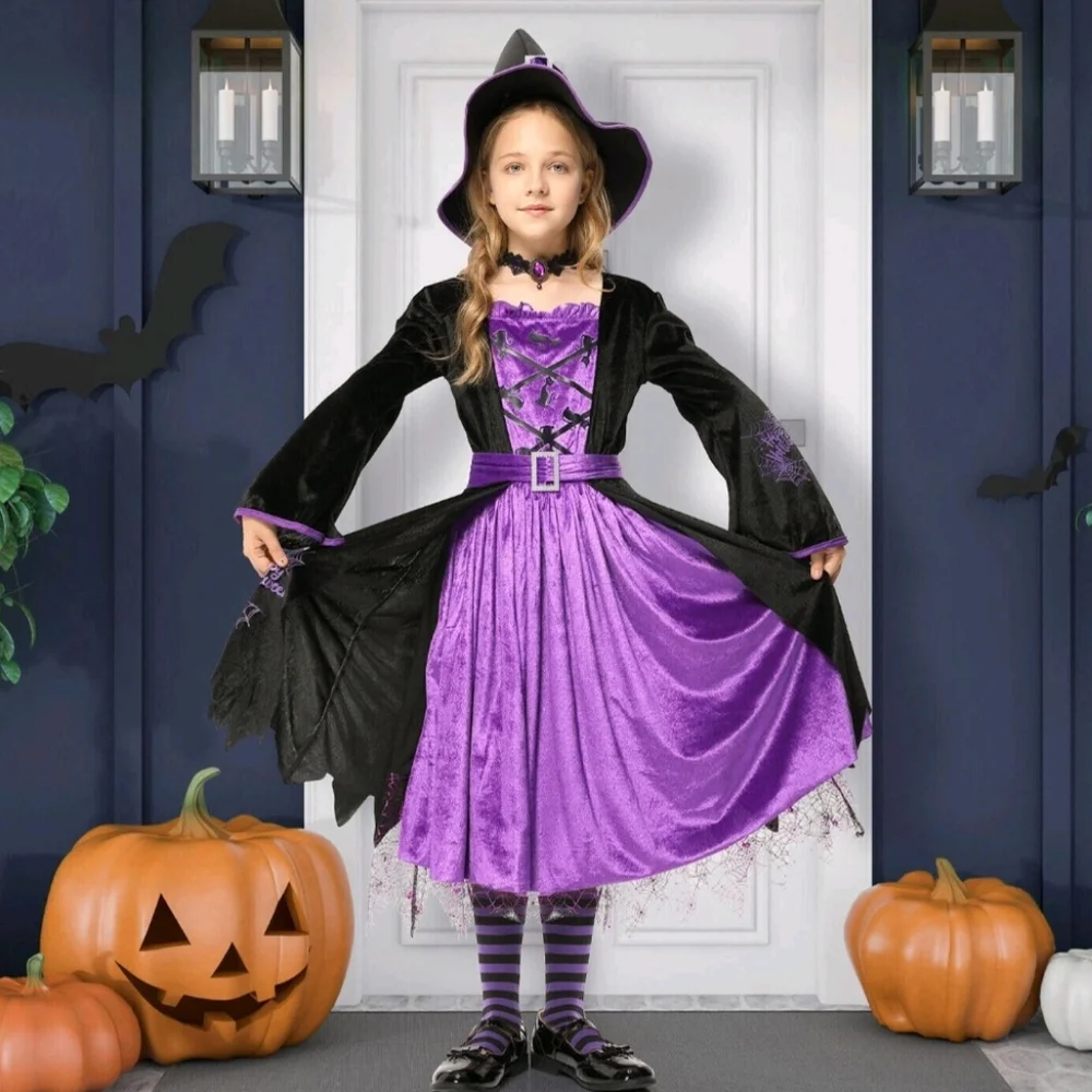 Witch Costume 5pc Halloween Set Small 5-7 Years Dress Belt Hat Choker Leggings